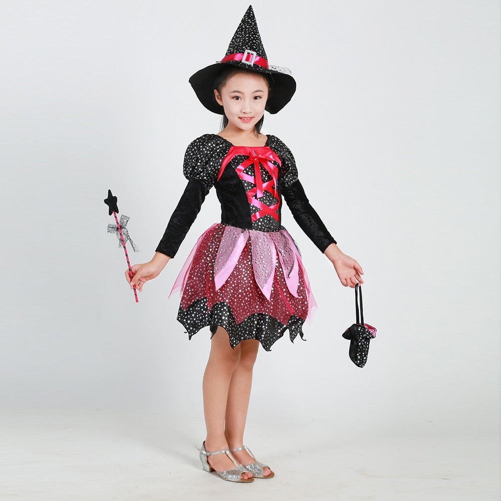 Kids Girls Halloween Costume Dress Hat Bag Stick Outfit 4Pcs