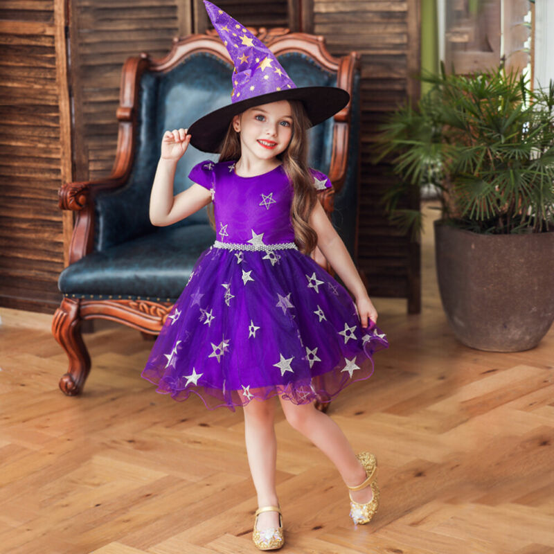 Halloween Costume - Toddler Halloween Party Purple Witches Witchery Hat and Costume Dress Set