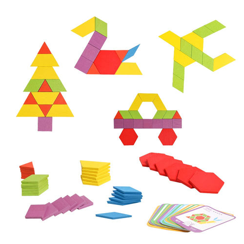 3D Wooden Pattern Blocks Set Geometric Manipulative Jigsaw Shape Puzzle