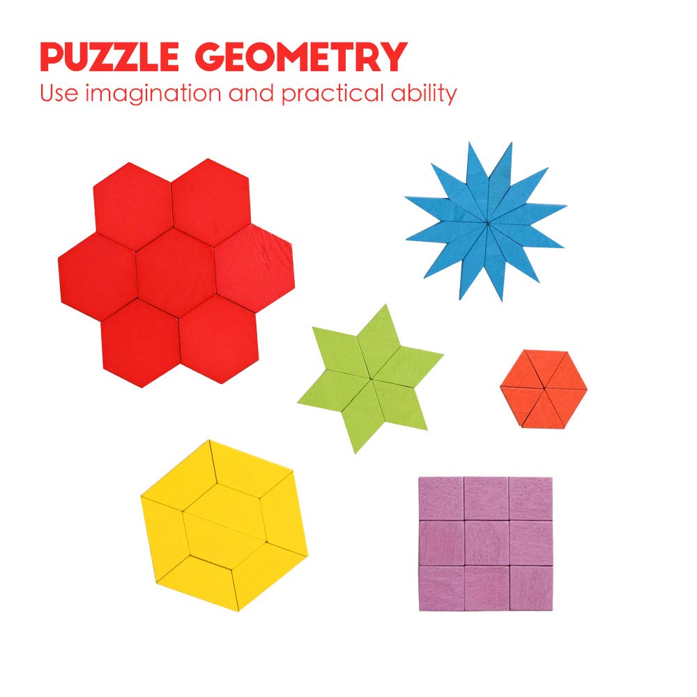 3D Wooden Pattern Blocks Set Geometric Manipulative Jigsaw Shape Puzzle