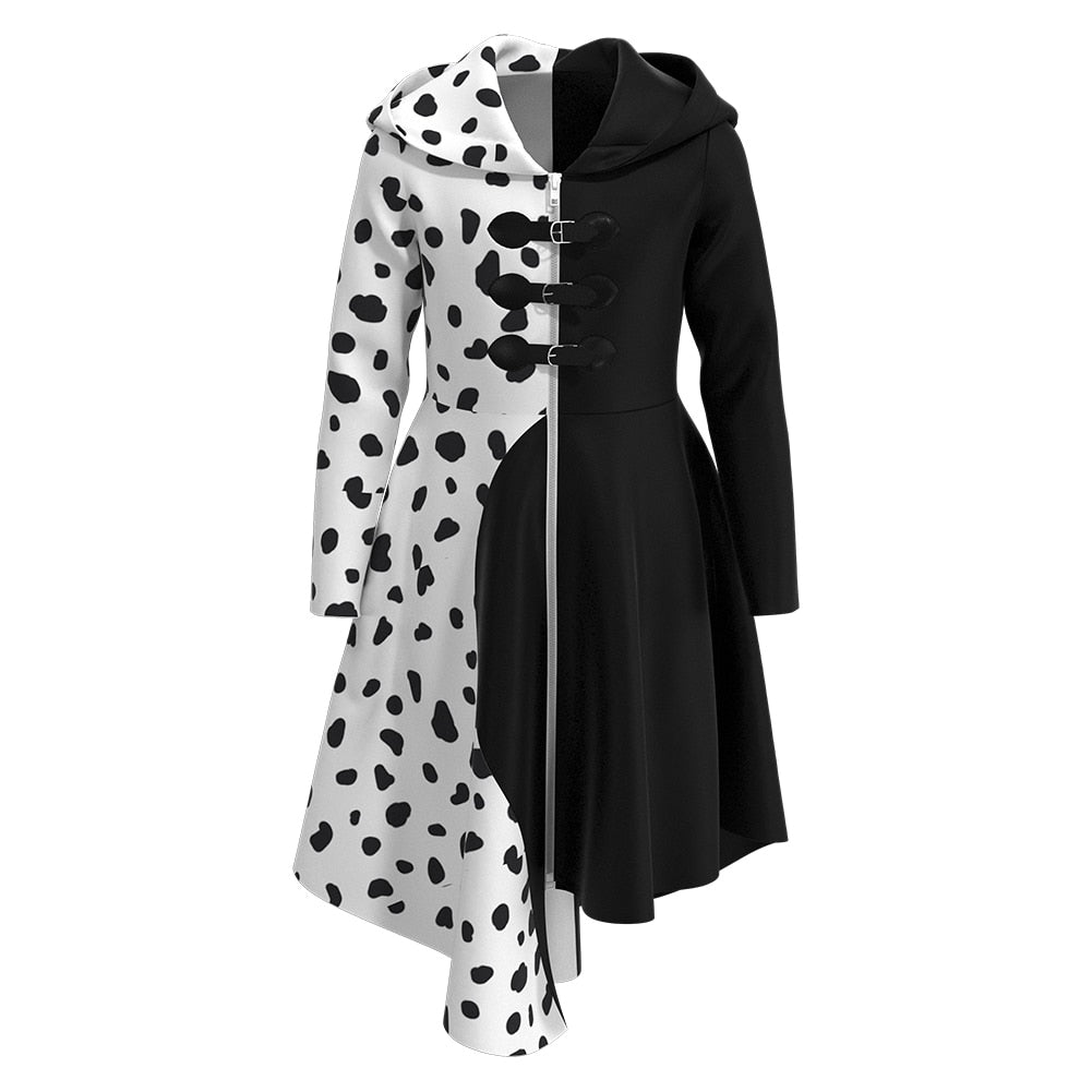 101 Dalmatians White/ Black Costume Cruella De vil Dress with Hood Halloween Cosplay Outfit