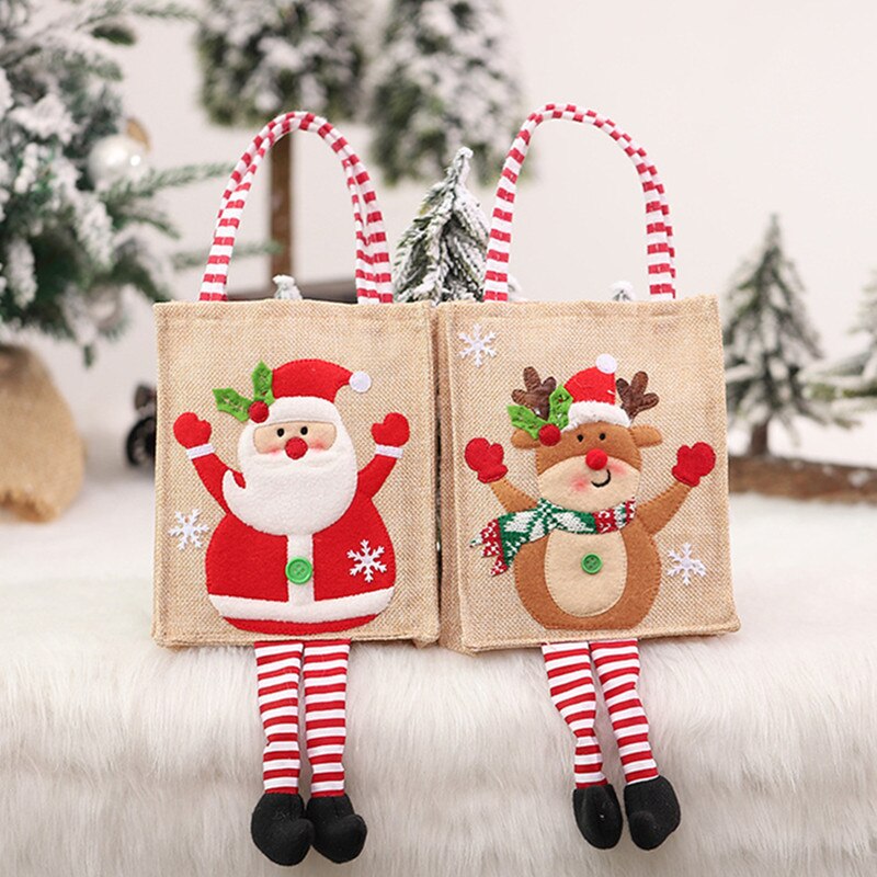 Cute Linen Christmas Tote Bag Embroidered with Foot Gift Large Candy Gift Bags Reusable Grocery Bags