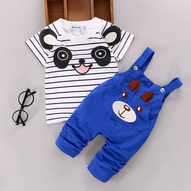 Toddler Kids Baby Panda Cotton Striped T-shirt +Bear Pants 2 PCS Outfits