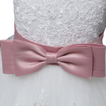 Lace Layers Flower Girl Dress with Pink Bows On Waist Girls Wedding Prom Party Dresses