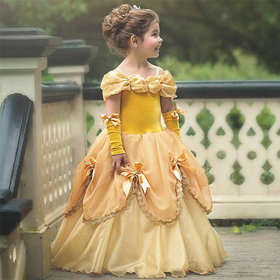 Girls Princess Belle Dress Halloween Costume Party Ball Gown Dress