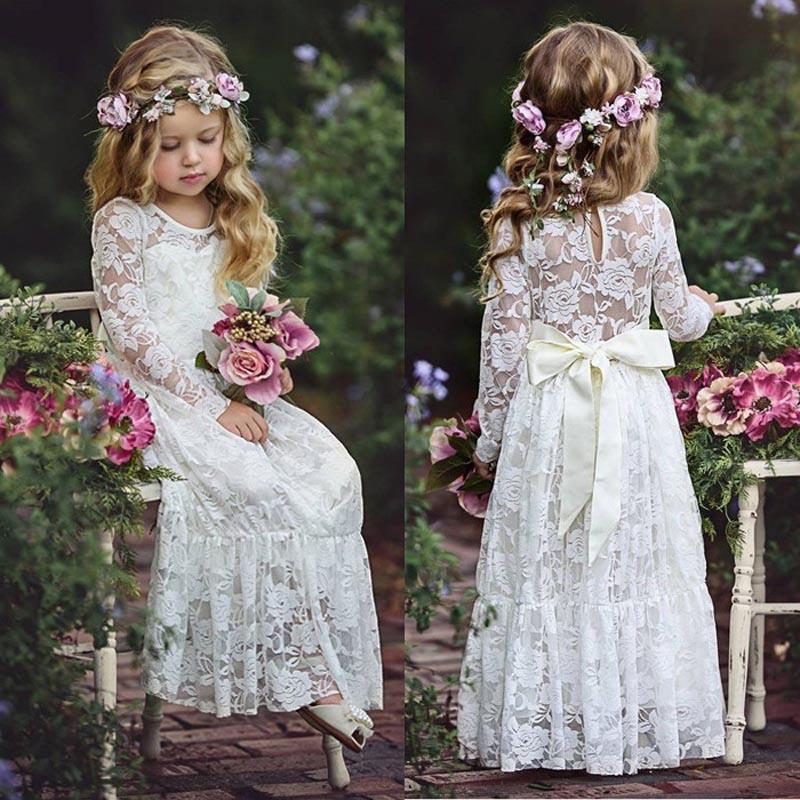 Simple Long Sleeves Lace Flower Girl Dress Ball Gown For Child – Bohogown