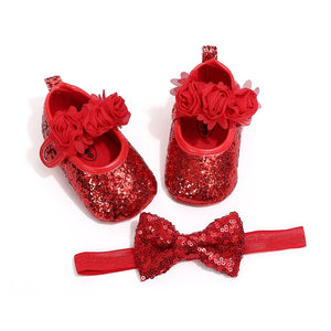 Baby Girl Shoes Sequins Glitter Hairband +Soft Sole Shoes Party Princess Shoes