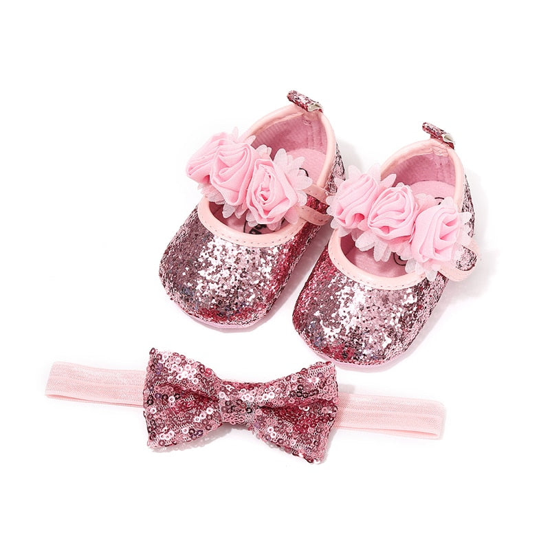 Baby Girl Shoes Sequins Glitter Hairband +Soft Sole Shoes Party Princess Shoes