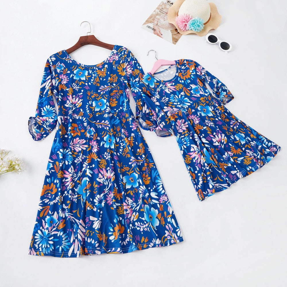Mommy and Me Dresses - Blue Floral Printed Mommy and Me Matching Dress