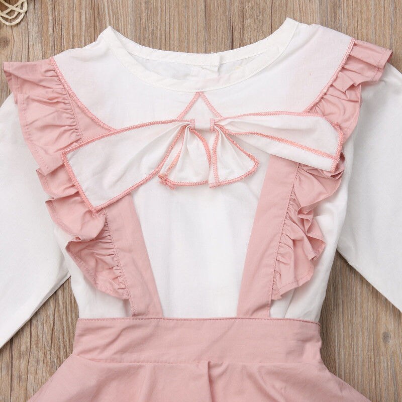 Kids Girl  Bow-knot White Long Sleeve Pink Shirt  Outfit 2PCS