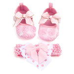 Toddler Girls Shoes Sweet Floral Walking Soft Shoes Bow Ribbon Headwear
