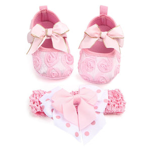 Toddler Girls Shoes Sweet Floral Walking Soft Shoes Bow Ribbon Headwear