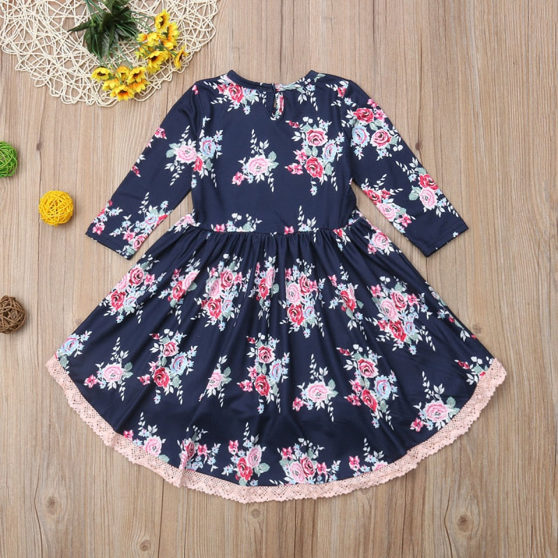 Kids Girl Pretty Princess Lace Floral Party Dress Long Sleeve Irregular Pleated Dresses 1-6Y