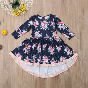 Kids Girl Pretty Princess Lace Floral Party Dress Long Sleeve Irregular Pleated Dresses 1-6Y