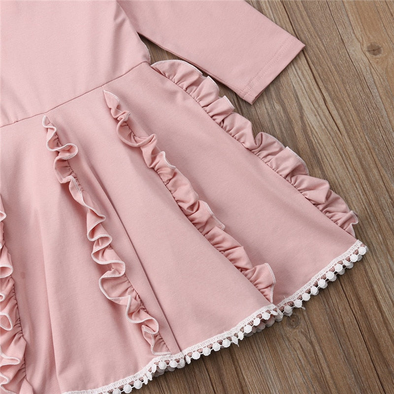 Lovely Kids Girl Princess Back Lace Patchwork Cotton Dress Long Sleeve Party Tutu Dresses 2-7Y