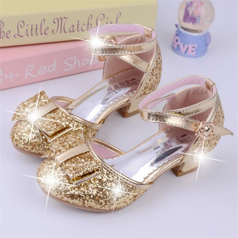 Girls Princess Glitter Bow Tie Shoes Mini Heels with Ankle Strap