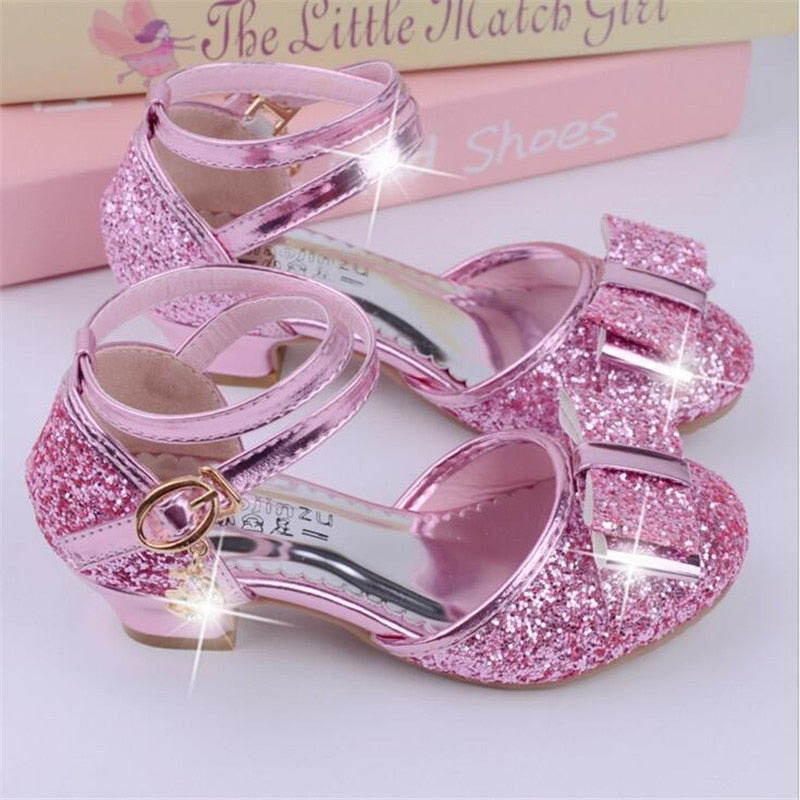 Girls Princess Glitter Bow Tie Shoes Mini Heels with Ankle Strap