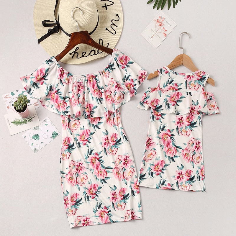 Mom and Daughter Dress Off Shoulder Ruffles Floral Mini Dress Vestido Mother and Daughter Clothes