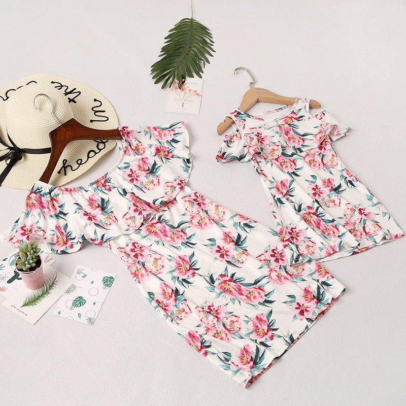 Mom and Daughter Dress Off Shoulder Ruffles Floral Mini Dress Vestido Mother and Daughter Clothes