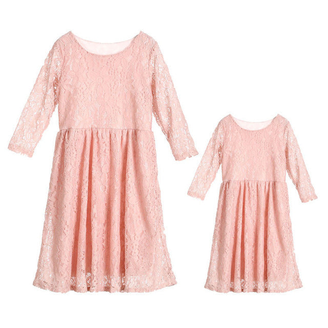 Mommy and Me-Family Matching Mother Daughter Lace Floral Long Dresses