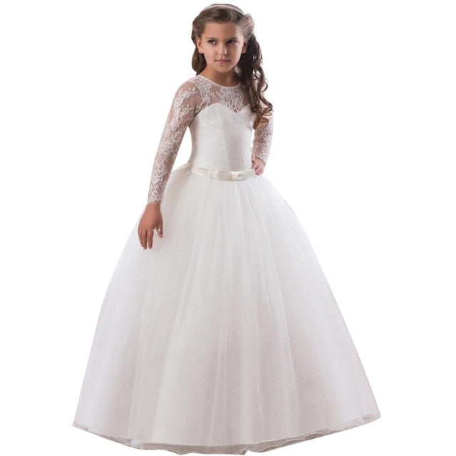 Little Girls Formal Dress Wedding Flower Girl Dresses with Lace Sleeves