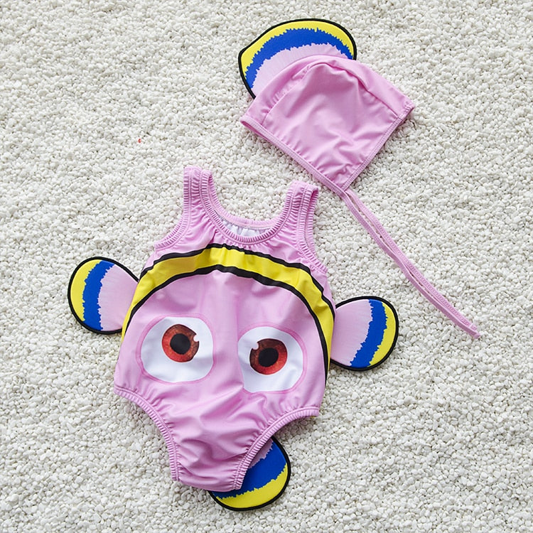 Toddler One-Piece Cute Swimsuit With Cap Fish Print 3D Animal  Swimwear