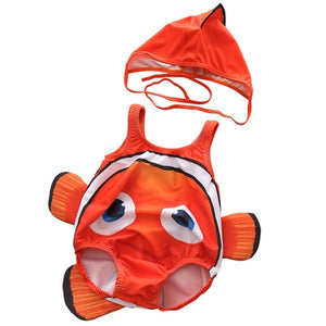 Toddler One-Piece Cute Swimsuit With Cap Fish Print 3D Animal  Swimwear