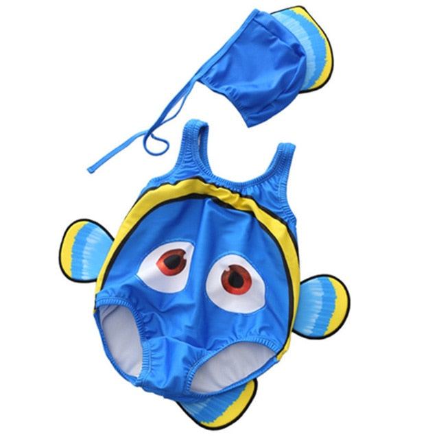 Toddler One-Piece Cute Swimsuit With Cap Fish Print 3D Animal  Swimwear