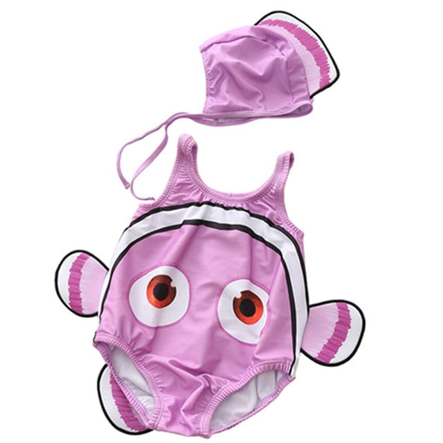 Toddler One-Piece Cute Swimsuit With Cap Fish Print 3D Animal  Swimwear
