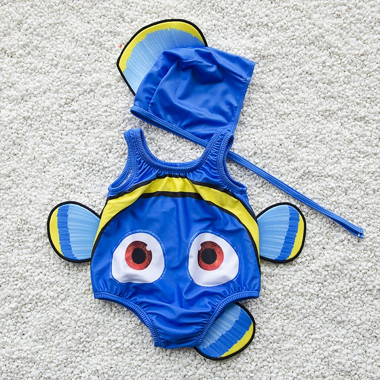 Toddler One-Piece Cute Swimsuit With Cap Fish Print 3D Animal  Swimwear