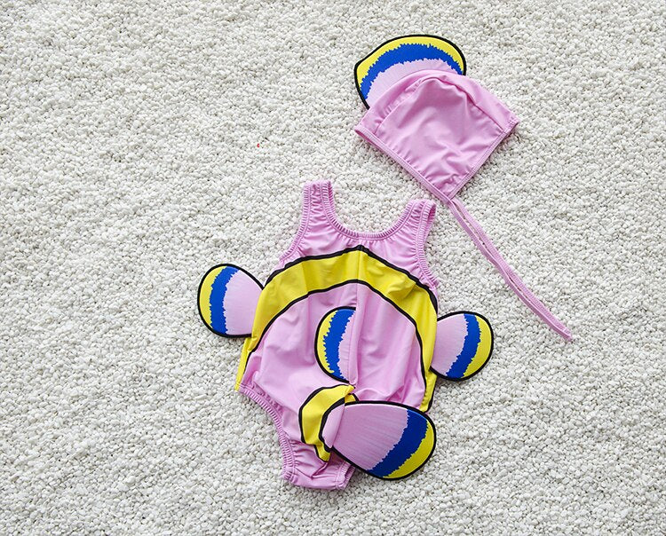 Toddler One-Piece Cute Swimsuit With Cap Fish Print 3D Animal  Swimwear