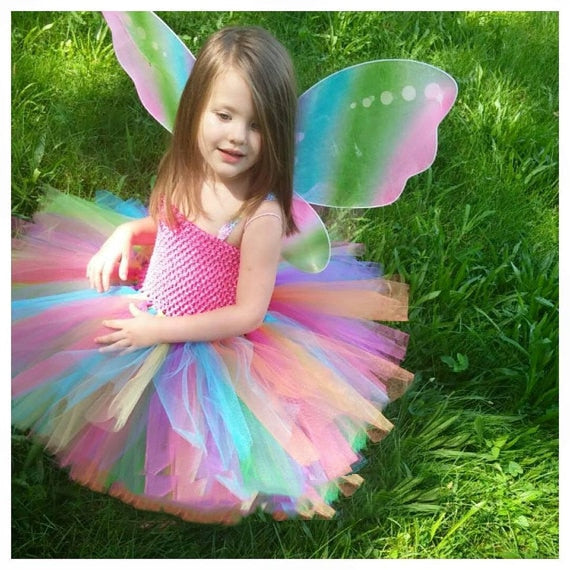 Girls Rainbow Tutu Dress Fluffy Tulle With Butterfly Wing Cosplay Costume