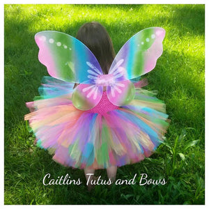 Girls Rainbow Tutu Dress Fluffy Tulle With Butterfly Wing Cosplay Costume