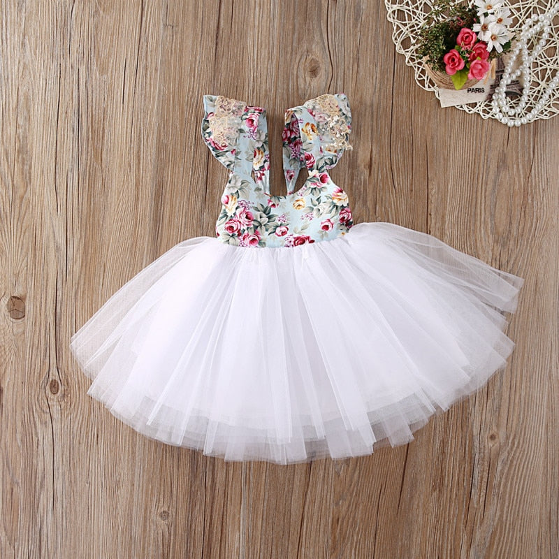 Kids Girls Cute Floral Fly Sleeve Dress Party Gown Formal Dresses Backless Sundress