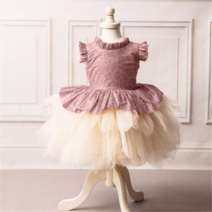 Toddler Princess Lace Ruffle Tutu Wedding Sparkling Crystal Bow Dress 6M-5T