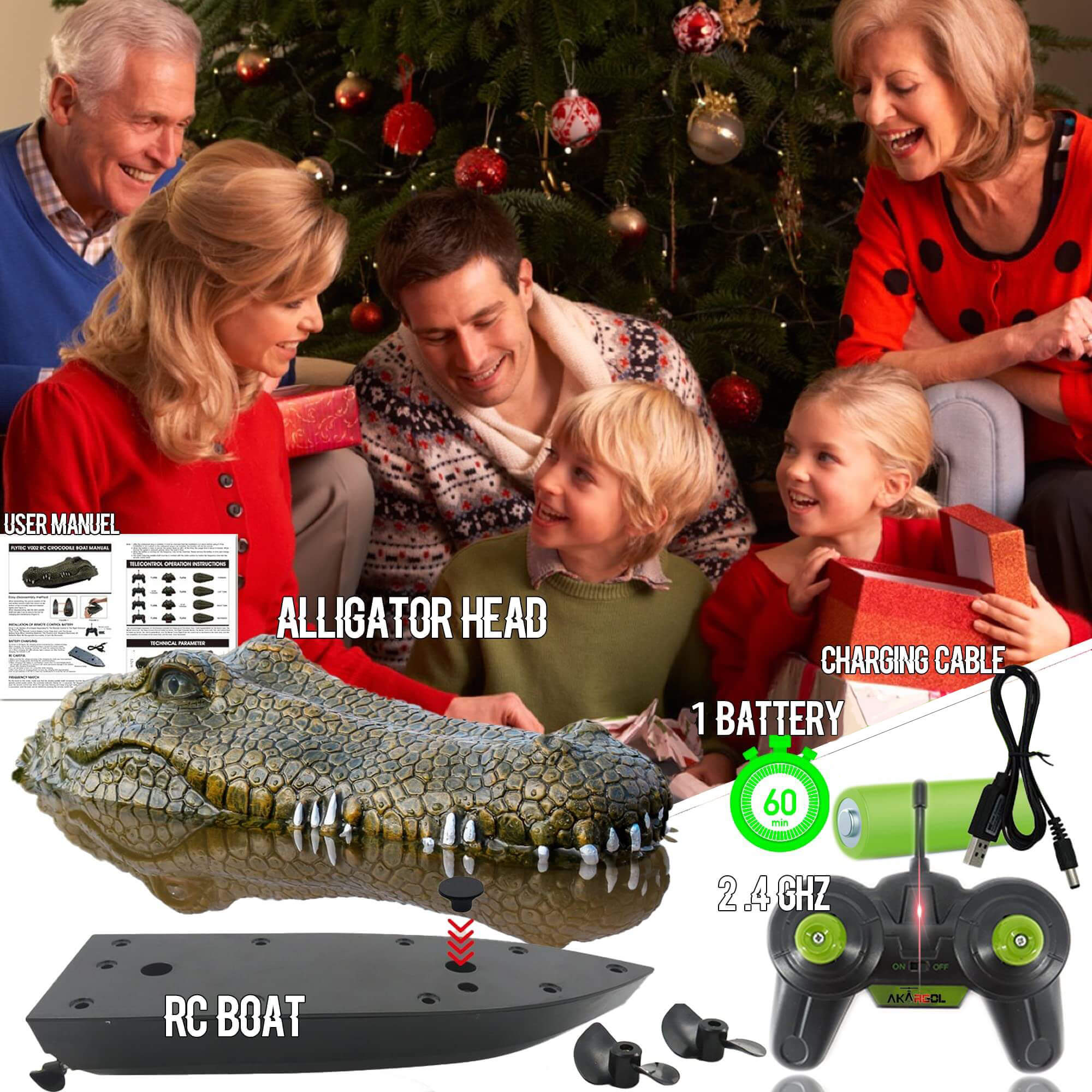 RC Boat with Alligator Head 2.4GHz Scary Funny Crocodile Remote Control Boat Prank Toy for Children