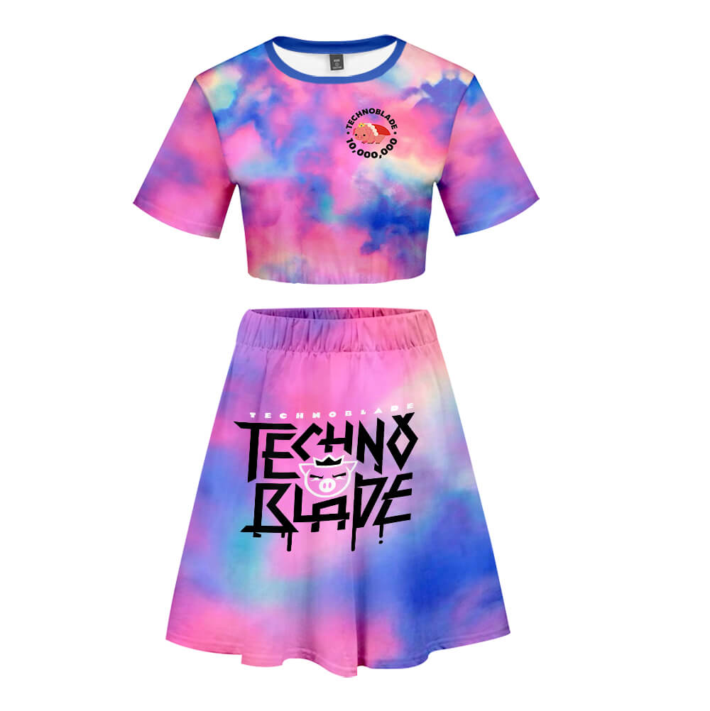 Teens/ Adult Technoblade Cosplay Dress Girls and Women 2PCS Crop Shirt and Skirt