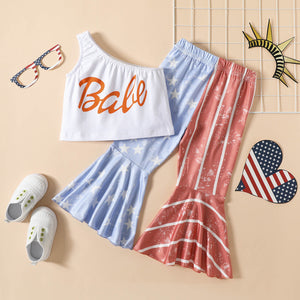 Toddler Baby Girl 4th of July Outfit One Shoulder Tops Pants Set USA Independence Day American Flag Clothes