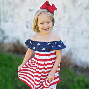 Toddler Baby Girl Independence Day Dress Off-shoulder Ruffled American Flag Printed Outfit