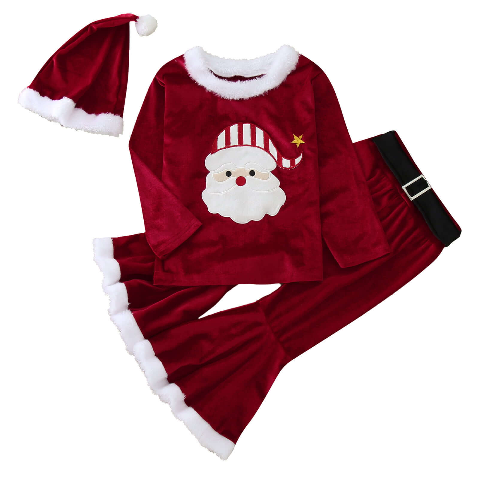 Toddler Kids Christmas Costume 3Pcs Velvet Tops Pants Hat Suit Little Santa XMAS Outfit for Gilrs