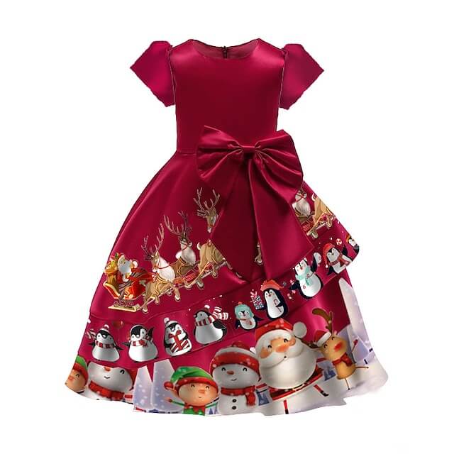 Christmas Party Dress Toddler Kids Short Sleeve Dress Santa Claus Elk Snowman Christmas Dress