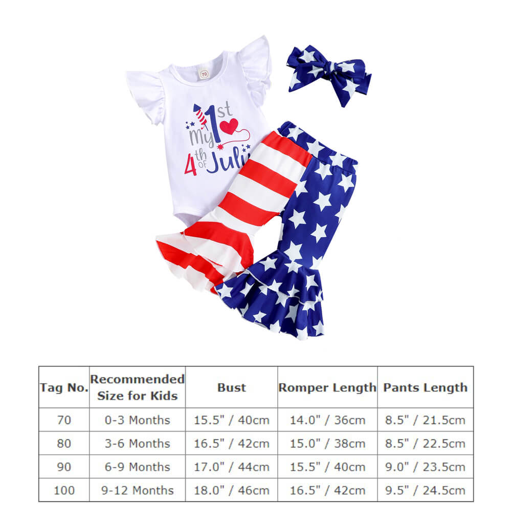 Newborn Toddler 1st 4th of July Outfit Romper Pants Headband 3pcs Suit American Flag Costume