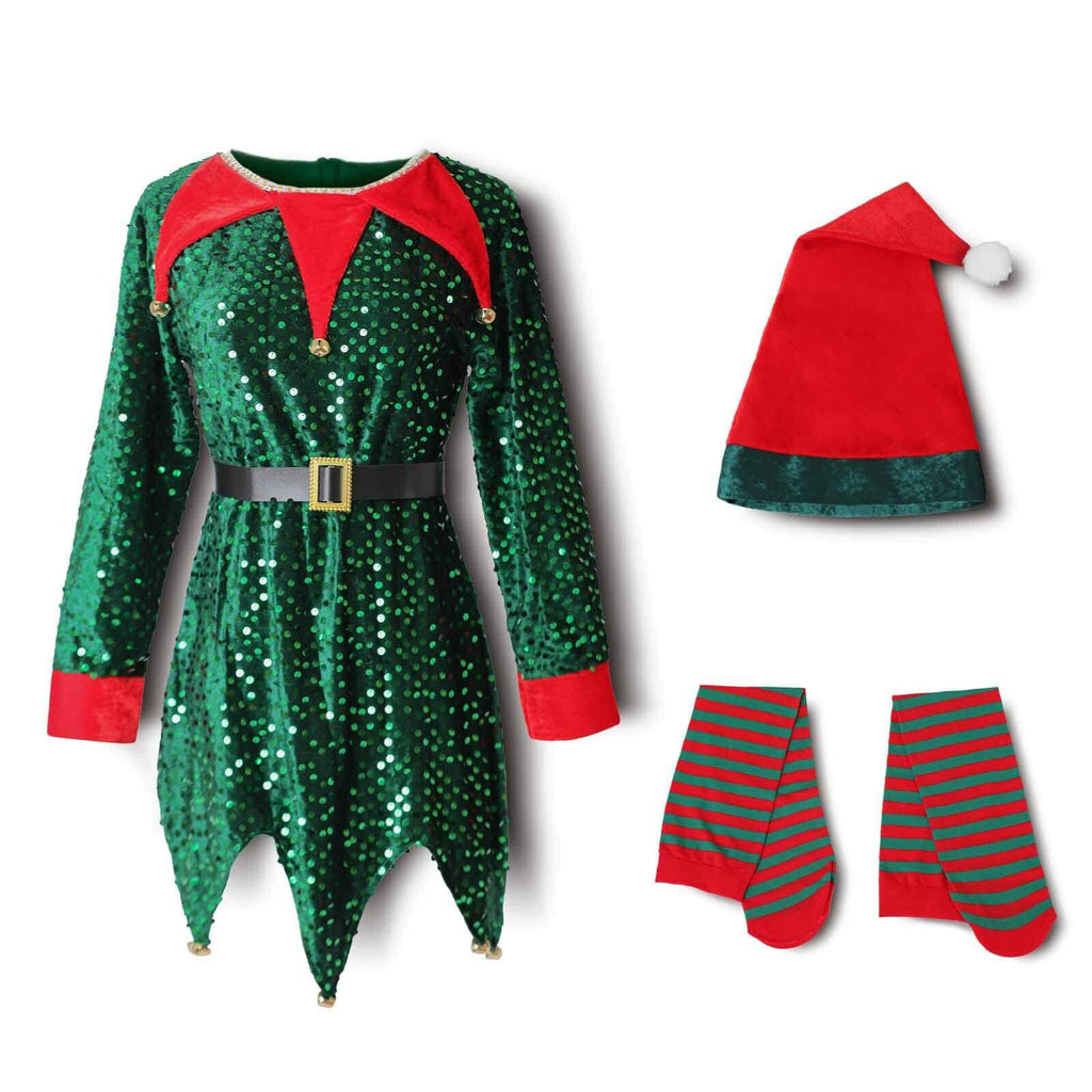 Elf Costume for Kids Toddler Sequins Christmas Outfit with Tinkle Bells for Girls