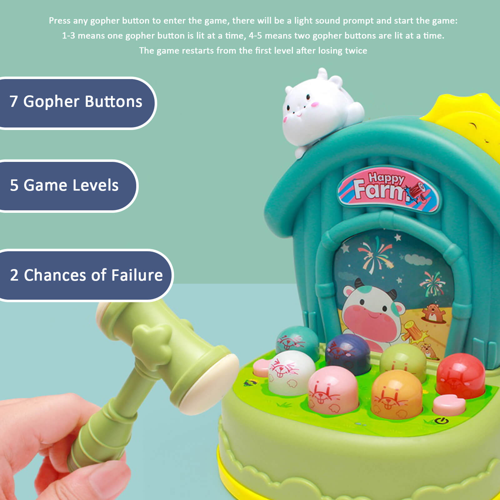 Toddlers Kids Whack A Mole Game Toy With Light Music Sound for Boys Girls STEM Education