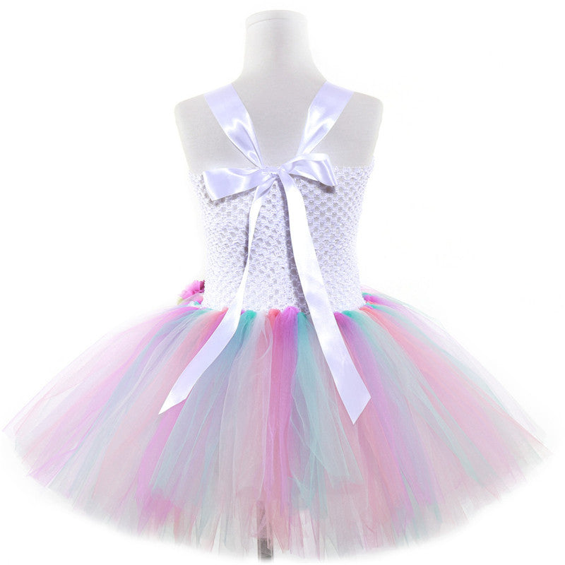 Girls Sweet Flower Princess Gradient Lace Bow Tutu Rainbow Dress Party Wedding Gown  Dress