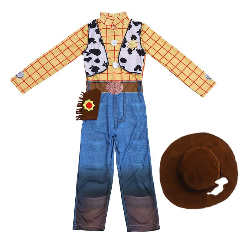 Cowboy Costume Halloween Dress Up Jumpsuit Hat Full Set for Age 3-14